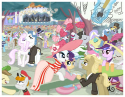 Size: 1013x789 | Tagged: safe, derpibooru import, fancypants, fleur-de-lis, hayseed turnip truck, hoity toity, photo finish, rarity, sapphire shores, earth pony, pony, unicorn, g4, bowtie, bucktooth, chandelier, clothes, crowd, dress, ear piercing, earring, eyes closed, facial hair, feather, female, flank, hat, horn, jewelry, lamppost, looking at each other, looking at someone, male, mare, moustache, necklace, open mouth, open smile, paintbrush, piercing, pierre-auguste renoir, raised hoof, raised leg, scarf, shirt, shirt with a collar, smiling, solo, stage, stallion, suit, sunglasses, table, top hat, tree