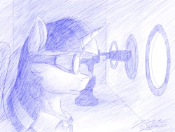 Size: 1920x1440 | Tagged: safe, artist:novaintellus, derpibooru import, twilight sparkle, twilight sparkle (alicorn), alicorn, pony, g4, atg 2024, bust, female, goggles, mare, monochrome, newbie artist training grounds, oppenheimer, profile, safety goggles, solo