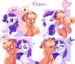 Size: 1948x1663 | Tagged: safe, artist:irisikiki, derpibooru import, applejack, rarity, earth pony, pony, unicorn, g4, apple, blush lines, blushing, comic, drool, duo, duo female, female, food, horn, kiss mark, kiss on the cheek, kissing, lesbian, licking, lipstick, pictogram, rarijack, shipping, simple background, skull, thought bubble, tongue, tongue out, white background