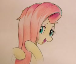 Size: 2397x2027 | Tagged: safe, anonymous artist, derpibooru import, fluttershy, pony, colored pencil drawing, cute, messy, open mouth, shyabetes, smiling, solo, traditional art