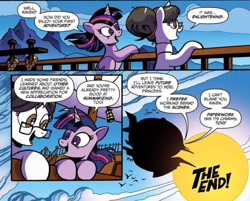 Size: 1012x812 | Tagged: safe, artist:andypriceart, derpibooru import, idw, raven, twilight sparkle, twilight sparkle (alicorn), alicorn, pony, unicorn, g4, spoiler:comic, spoiler:comic62, airship, flying, horn, mountain, official comic, sky, zipline