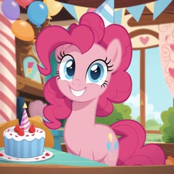 Size: 1024x1024 | Tagged: safe, ai content, derpibooru import, generator:pony diffusion v6 xl, generator:stable diffusion, machine learning generated, pinkie pie, earth pony, pony, g4, balloon, birthday, birthday cake, birthday party, cake, food, hat, party, party hat, prompter:harvydraws, show accurate, solo