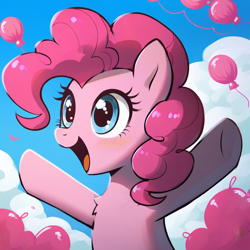 Size: 768x768 | Tagged: safe, ai content, derpibooru import, generator:pony diffusion v6 xl, generator:stable diffusion, machine learning generated, pinkie pie, earth pony, pony, arms wide open, balloon, open mouth, open smile, prompter:foxpony, rainbowshining, smiling, solo