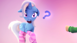 Size: 1476x830 | Tagged: safe, artist:nikosourcepone, derpibooru import, trixie, pony, unicorn, g4, 3d, clothes, cute, diatrixes, ears, female, floppy ears, gradient background, horn, looking at you, mare, mouth hold, offscreen character, palindrome get, pinecone, pointing, question mark, raised hoof, raised leg, socks, solo focus, source filmmaker, striped socks, trixie eating pinecones