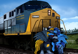 Size: 3309x2270 | Tagged: safe, artist:pridark, derpibooru import, oc, oc only, pegasus, pony, digital art, duo, female, imminent sex, kissing, locomotive, male, mare, pegasus oc, stallion, train, undressing