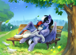 Size: 2200x1600 | Tagged: safe, artist:ryusya, derpibooru import, oc, oc only, oc:speedrush, oc:violett spectrum, bird, pegasus, pony, bench, city, cityscape, duo, high res, hug, leaves, park, summer, tree