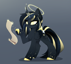 Size: 3333x3034 | Tagged: safe, artist:magnaluna, derpibooru import, oc, oc only, oc:astral umbra, alicorn, pony, alicorn oc, colored wings, colored wingtips, constellation, curved horn, eye clipping through hair, eyebrows, eyebrows visible through hair, female, folded wings, glowing, glowing horn, gradient background, halo, high res, horn, levitation, magic, mare, multicolored wings, raised hoof, raised leg, scroll, solo, tail, telekinesis, wings