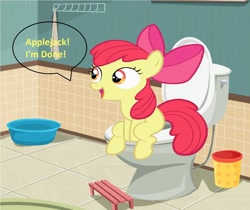 Size: 1596x1340 | Tagged: safe, artist:memeartboi, derpibooru import, apple bloom, earth pony, pony, g4, adorabloom, bathroom, bucket, but why, cute, female, filly, foal, hollering, imminent flush, implied applejack, implied pooping, potty, potty time, potty training, sitting, sitting on toilet, solo, toilet, toilet humor, trash can, vector, vector used