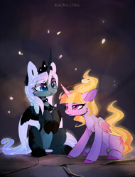 Size: 2331x3066 | Tagged: safe, artist:magnaluna, derpibooru import, princess luna, twilight sparkle, alicorn, pony, g4, alternate design, chest fluff, colored wings, colored wingtips, crown, curved horn, duo, duo female, ear fluff, ears, eye clipping through hair, eyebrows, eyebrows visible through hair, female, folded wings, food, high res, horn, jewelry, mare, marshmallow, mouth hold, multicolored wings, mundane utility, partially open wings, regalia, sitting, smiling, tail, wings