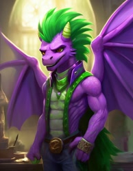 Size: 896x1152 | Tagged: safe, ai content, derpibooru import, machine learning generated, spike, anthro, dragon, g4, adult, adult spike, generator:shedevrum, male, older, older spike, prompter:nickdisneyfan78, smiling, solo, winged spike, wings