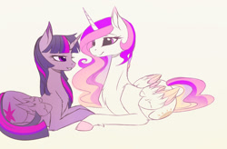 Size: 1600x1049 | Tagged: safe, artist:magnaluna, derpibooru import, princess celestia, twilight sparkle, twilight sparkle (alicorn), alicorn, pony, g4, colored wings, colored wingtips, duo, duo female, female, folded wings, horn, lesbian, looking at each other, looking at someone, lying down, mare, prone, shipping, smiling, smiling at each other, tail, twilestia, unshorn fetlocks, wings