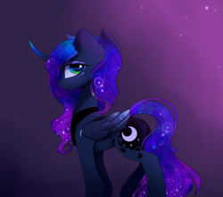 Size: 2454x2170 | Tagged: safe, artist:magnaluna, derpibooru import, princess luna, alicorn, pony, g4, curved horn, cute, ethereal mane, ethereal tail, female, folded wings, gradient background, high res, horn, looking at you, looking back, looking back at you, lunabetes, mare, peytral, profile, side view, smiling, smiling at you, solo, tail, wings