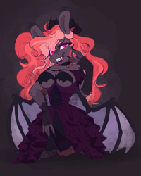 Size: 2000x2500 | Tagged: safe, artist:lionbun, derpibooru import, oc, oc only, oc:peach velvet, anthro, bat pony, undead, vampire, bat pony oc, bat wings, clothes, crown, dress, female, glowing, glowing eyes, gown, jewelry, kneeling, lace, mare, messy mane, pinup, regalia, sexy, solo, wings