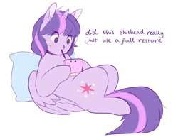 Size: 1135x875 | Tagged: safe, artist:serafelis, derpibooru import, twilight sparkle, twilight sparkle (alicorn), alicorn, pony, female, mare, nintendo ds, pillow, playing, playing video games, pokémon, simple background, solo, video game, vulgar, white background