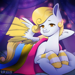 Size: 2000x2000 | Tagged: safe, alternate version, artist:erein, derpibooru import, oc, oc only, oc:gold zephyr, pegasus, pony, alternate character, bedroom, commission, ears up, flag, garland, high res, indoors, lgbt, looking at you, male, night, pansexual, pansexual pride flag, pegasus oc, pillow, pride, pride flag, pride month, room, smiling, smiling at you, solo, string lights, tail, unshorn fetlocks, white fur, ych result, yellow hair, yellow mane, yellow tail