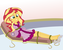 Size: 2500x2000 | Tagged: safe, artist:nie-martw-sie-o-mnie, derpibooru import, part of a set, sunset shimmer, human, equestria girls, g4, bathrobe, bondage, clothes, feather, feet, female, femsub, foot tickling, robe, rope, rope bondage, solo, spa, submissive, tickling, tied down