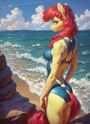 Size: 1024x1408 | Tagged: safe, ai content, derpibooru import, generator:pony diffusion v6 xl, generator:stable diffusion, machine learning generated, apple bloom, anthro, earth pony, g4, apple bloomed, beach, breasts, clothes, female, looking at you, looking sideways, mare, ocean, older, older apple bloom, one-piece swimsuit, prompter:star-dragon, side view, smiling, smiling at you, solo, swimsuit, water