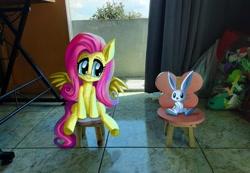 Size: 2983x2064 | Tagged: safe, artist:rafastary, derpibooru import, angel bunny, fluttershy, pegasus, pony, rabbit, g4, animal, chair, duo, irl, photo, ponies in real life