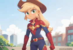 Size: 2432x1664 | Tagged: safe, ai content, derpibooru import, generator:pony diffusion v6 xl, generator:stable diffusion, machine learning generated, applejack, human, equestria girls, g4, angry, captain marvel (marvel), crossover, marvel, prompter:kimberlite, superhero