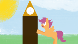 Size: 3840x2160 | Tagged: safe, artist:wissle, derpibooru import, scootaloo, pegasus, pony, g4, atg 2024, bipedal, bipedal leaning, clock tower, cloud, female, filly, foal, grass, high res, leaning, newbie artist training grounds, no cutie marks yet, open mouth, pushing, solo, spread wings, sun, wings