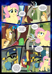 Size: 3259x4607 | Tagged: safe, artist:estories, derpibooru import, discord, fluttershy, oc, oc:alice goldenfeather, draconequus, earth pony, pegasus, pony, comic:nevermore, alternate hairstyle, comic, mind control, police, police officer, police pony, speech bubble, sunglasses