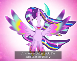 Size: 800x632 | Tagged: artist needed, safe, derpibooru import, starlight glimmer, alicorn, pony, alicornified, colored wings, colorful, colorful wings, cutie mark background, female, flowing hair, flowing mane, flowing tail, frozen (movie), glowing, glowing eyes, large wings, let it go, lyrics, magic, mare, multicolored wings, race swap, rainbow power, rainbow power-ified, redeemed, reference, reference used, reformed, reforming, singing, solo, spread wings, starlicorn, starlight glimmer's cutie mark, tail, text, transformed, white eyes, wings, xk-class end-of-the-world scenario