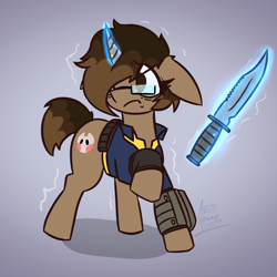 Size: 3000x3000 | Tagged: safe, artist:artsy madraw, derpibooru import, oc, oc only, pony, unicorn, fallout equestria, clothes, female, gradient background, high res, horn, jumpsuit, knife, magic, mare, pipbuck, raised hoof, raised leg, scared, solo, telekinesis, trembling, vault suit, weapon