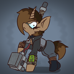 Size: 3000x3000 | Tagged: safe, artist:artsy madraw, derpibooru import, oc, oc only, pony, unicorn, fallout equestria, chest fluff, choker, clothes, female, fishnet clothing, fishnet stockings, gradient background, hammer, high res, horn, jacket, leather, leather jacket, looking at you, mare, pipbuck, sledgehammer, solo, stockings, super sledge, thigh highs, weapon