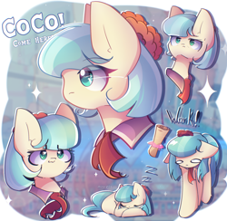 Size: 2250x2200 | Tagged: safe, artist:miryelis, derpibooru import, coco pommel, earth pony, pony, g4, big ears, clothes, ears, emotions, face, female, heart, heart eyes, mare, onomatopoeia, short hair, sleeping, smiling, solo, sound effects, text, wingding eyes, zzz