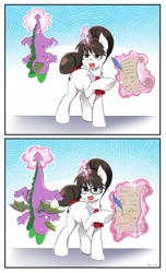 Size: 1249x2048 | Tagged: safe, artist:nekoshiei, derpibooru import, raven, spike, dragon, pony, unicorn, g4, my little pony: the manga, 2 panel comic, angry, comic, commission, correction, cute, duo, duo male and female, female, finished commission, glasses, hair bun, horn, magic, male, manga style, mare, mistake, mistakes were made, necktie, nervous sweat, older, older spike, pointing, ravenbetes, scroll, secretary, ship:ravenspike, shipping, spikabetes, straight, winged spike, wings, younger spike