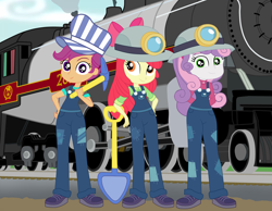 Size: 4389x3400 | Tagged: safe, artist:gmaplay, derpibooru import, apple bloom, scootaloo, sweetie belle, equestria girls, g4, clothes, conductor, empress 2816, female, locomotive, overalls, photo, pickaxe, shovel, train, train conductor, trio, trio female