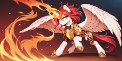 Size: 2400x1200 | Tagged: safe, ai content, derpibooru import, machine learning generated, oc, alicorn, pony, armor, ear fluff, ears, fire, magic, male, prompter:greesys, solo, wing fluff, wings