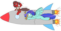 Size: 3332x1709 | Tagged: safe, artist:supahdonarudo, derpibooru import, oc, oc only, oc:ironyoshi, oc:sea lilly, classical hippogriff, hippogriff, unicorn, atg 2024, clothes, excited, flying, holding, horn, jewelry, necklace, newbie artist training grounds, rocket, scared, scratches, shirt, simple background, transparent background