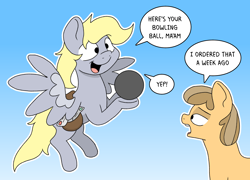 Size: 2304x1660 | Tagged: safe, artist:doodledonutart, derpibooru import, derpy hooves, earth pony, pegasus, pony, g4, atg 2024, bowling ball, dialogue, duo, female, gradient background, late, mare, newbie artist training grounds, speech bubble