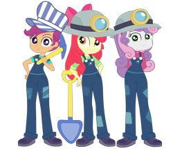 Size: 4709x4066 | Tagged: safe, artist:gmaplay, derpibooru import, apple bloom, scootaloo, sweetie belle, human, better together, equestria girls, g4, cutie mark crusaders, female, pickaxe, shovel, simple background, transparent background, trio, trio female
