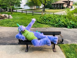 Size: 2048x1536 | Tagged: safe, artist:vglowbold, derpibooru import, spike, bench, dragon costume, fursuit, irl, lying down, on side, outdoors, photo, solo