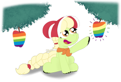 Size: 1383x934 | Tagged: safe, artist:zeccy, derpibooru import, granny smith, earth pony, pony, apple, atg 2024, braid, braided ponytail, braided tail, food, happy, newbie artist training grounds, open mouth, open smile, ponytail, simple background, smiling, solo, tail, transparent background, zap apple
