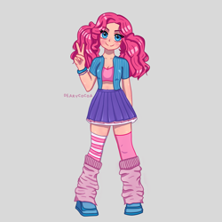 Size: 4000x4000 | Tagged: safe, artist:dearycocoa, derpibooru import, pinkie pie, human, alternate hairstyle, blushing, boots, bracelet, clothes, cute, diapinkes, female, freckles, gray background, humanized, jewelry, leg warmers, mismatched socks, peace sign, pigtails, shirt, shoes, short shirt, simple background, skirt, socks, solo, striped socks, twintails