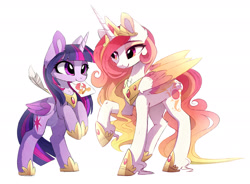 Size: 2184x1608 | Tagged: safe, artist:magnaluna, derpibooru import, princess celestia, twilight sparkle, twilight sparkle (alicorn), alicorn, pony, g4, bipedal, colored wings, crown, cute, cutelestia, drawing, duo, duo female, female, folded wings, hoof shoes, horn, jewelry, lesbian, long horn, mare, mouth hold, peytral, princess shoes, raised hoof, raised leg, rearing, regalia, shipping, simple background, smiling, tail, twiabetes, twilestia, white background, wings