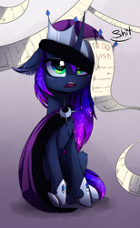 Size: 1600x2590 | Tagged: safe, artist:magnaluna, derpibooru import, princess luna, alicorn, pony, g4, chest fluff, crown, curved horn, ear fluff, ears, female, floppy ears, gradient background, hoof shoes, horn, jewelry, mare, open mouth, princess shoes, regalia, sitting, solo, vulgar