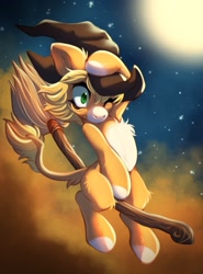 Size: 2149x2902 | Tagged: safe, artist:cabbage-arts, derpibooru import, oc, oc only, pony, broom, chest fluff, countershade feet, countershading, female, flying, flying broomstick, hat, leonine tail, mare, one eye closed, pale belly, solo, tail, white belly, wide eyes, witch hat