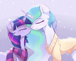 Size: 2500x2000 | Tagged: dead source, safe, artist:magnaluna, derpibooru import, princess celestia, twilight sparkle, unicorn twilight, pony, unicorn, g4, boop, clothes, duo, duo female, eyes closed, female, high res, horn, horns are touching, lesbian, mare, noseboop, profile, race swap, scarf, shipping, side view, smiling, snow, snowfall, striped scarf, sweater, twilestia, unicorn celestia, winter