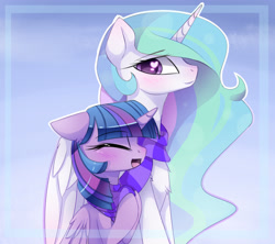 Size: 2700x2400 | Tagged: dead source, safe, artist:magnaluna, derpibooru import, princess celestia, twilight sparkle, twilight sparkle (alicorn), alicorn, pony, g4, blushing, clothes, duo, duo female, ethereal mane, eyebrows, eyebrows visible through hair, eyes closed, female, folded wings, heart, heart eyes, high res, horn, hug, lesbian, long horn, looking at someone, mare, open mouth, open smile, profile, scarf, shared clothing, shared scarf, shipping, side view, smiling, striped scarf, twilestia, wingding eyes, winghug, wings