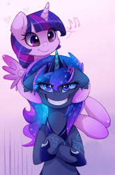 Size: 2910x4400 | Tagged: safe, artist:magnaluna, derpibooru import, princess luna, twilight sparkle, twilight sparkle (alicorn), alicorn, pony, g4, cross-popping veins, crown, duo, duo female, emanata, eye clipping through hair, female, forced smile, gradient background, high res, hoof shoes, horn, jewelry, luna is not amused, mare, music notes, peytral, princess shoes, regalia, smiling, unamused