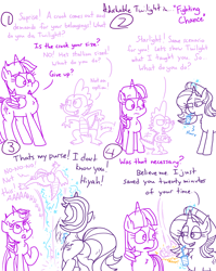 Size: 4779x6013 | Tagged: safe, artist:adorkabletwilightandfriends, derpibooru import, spike, starlight glimmer, twilight sparkle, twilight sparkle (alicorn), alicorn, comic:adorkable twilight and friends, adorkable, adorkable twilight, butt, comic, concerned, cute, dork, drink, falling, funny, glimmer glutes, humor, king of the hill, magic, plot, rear view, surprised, that's my purse i don't know you, throwing, toss