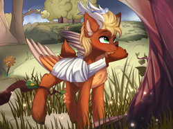 Size: 4385x3259 | Tagged: safe, artist:2pandita, derpibooru import, oc, oc:leafy skies, deer, deer pony, original species, peryton, bandage, solo, tree