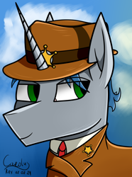 Size: 1248x1680 | Tagged: safe, artist:hno3, derpibooru import, oc, unicorn, equestria at war mod, blue mane, bust, clothes, equestria rises still (equestria at war submod), gradient background, green eyes, hat, horn, portrait, sheriff, sheriff's badge, unicorn oc