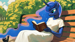 Size: 2560x1440 | Tagged: safe, ai content, artist:dovakkins, derpibooru import, machine learning assisted, princess luna, alicorn, anthro, g4, beautiful, bench, calm, clothes, cute, dress, female, long dress, looking at something, mare, park, park bench, reading, relaxing, sitting, solo, summer, watermark, wavy mane, wingless, wingless alicorn