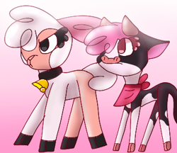 Size: 370x320 | Tagged: safe, artist:pomdb, derpibooru import, arizona cow, pom lamb, cow, sheep, them's fightin' herds, alternate color palette, alternate design, bandana, bell, bell collar, buff, collar, community related, duo, duo female, female, gradient background, muscles, personality swap, shy, slender, thin