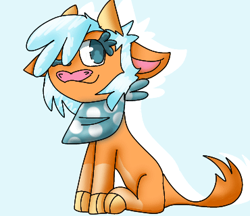 Size: 370x320 | Tagged: safe, artist:pomdb, derpibooru import, arizona cow, cow, them's fightin' herds, alternate design, bandana, blue background, community related, ears, female, floppy ears, hair, one eye closed, shadow, simple background, sitting, smiling, solo, wink